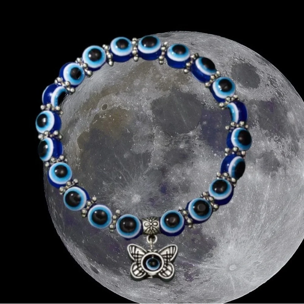 NWT Bright Blue Black Beaded Butterfly Lucky Bracelet Meditation - Picture 1 of 8